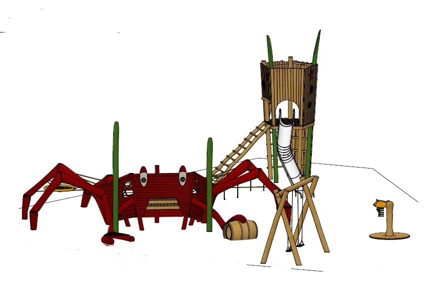 Illustration eines Spielplatzes mit einer krabbenförmigen Struktur, einem Holzturm mit Rutsche und einem Schaukel-Set.