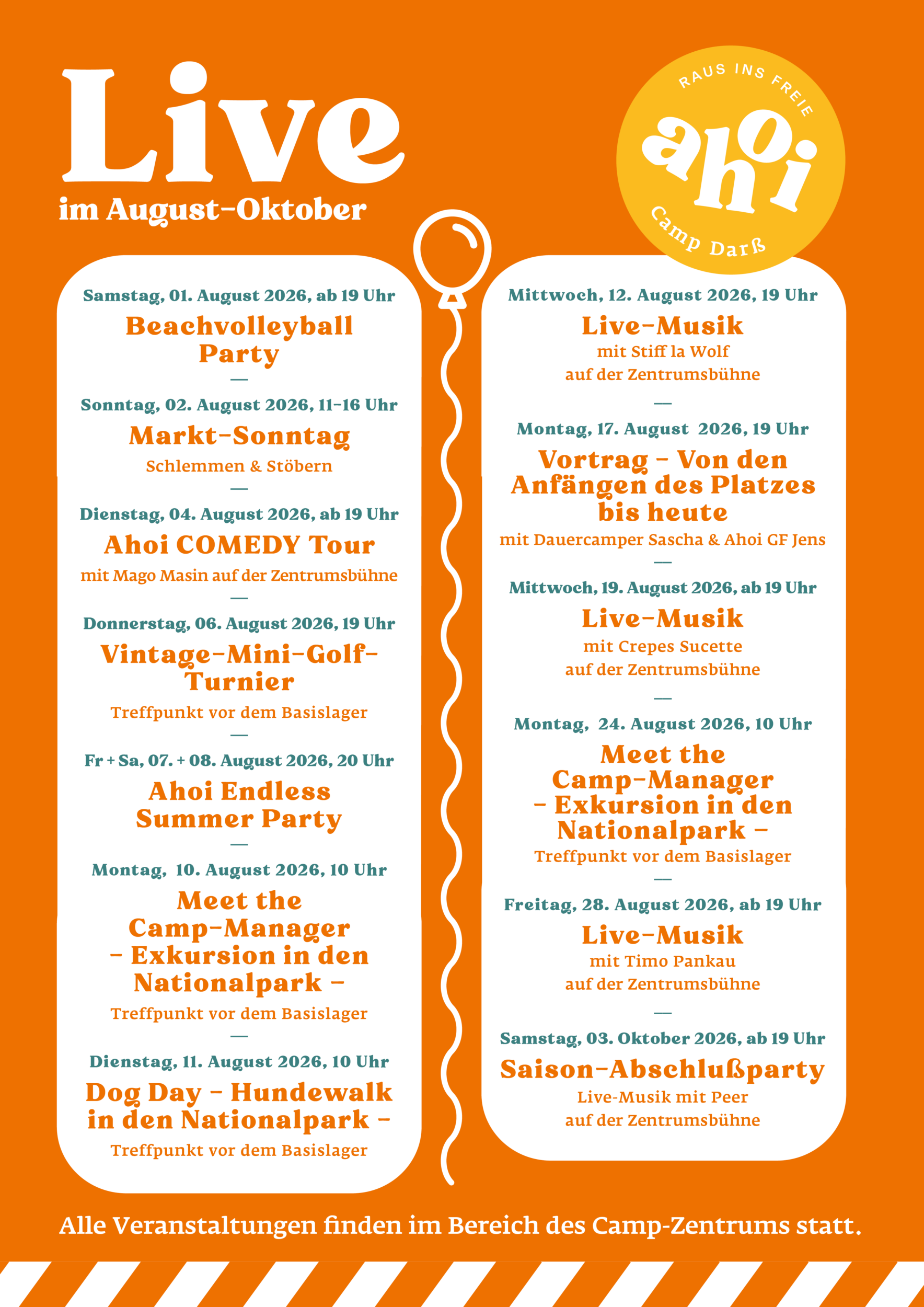 Orange-weißes Veranstaltungsplakat mit einer Übersicht über die Sommeraktivitäten und Termine im Ahoi Camp Dars von August bis Oktober.