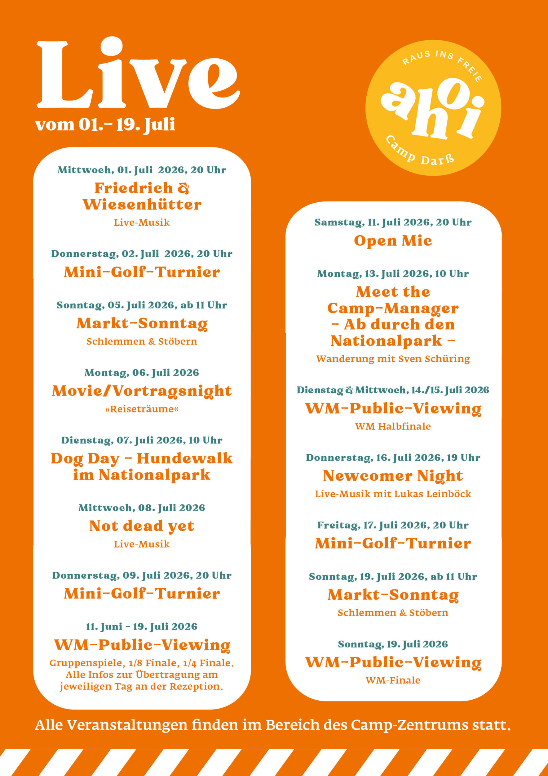 Gelber Veranstaltungsflyer für "Live am oah! Camp Darß" mit Zeitplan für Juli und Details zu den Aktivitäten auf Deutsch.
