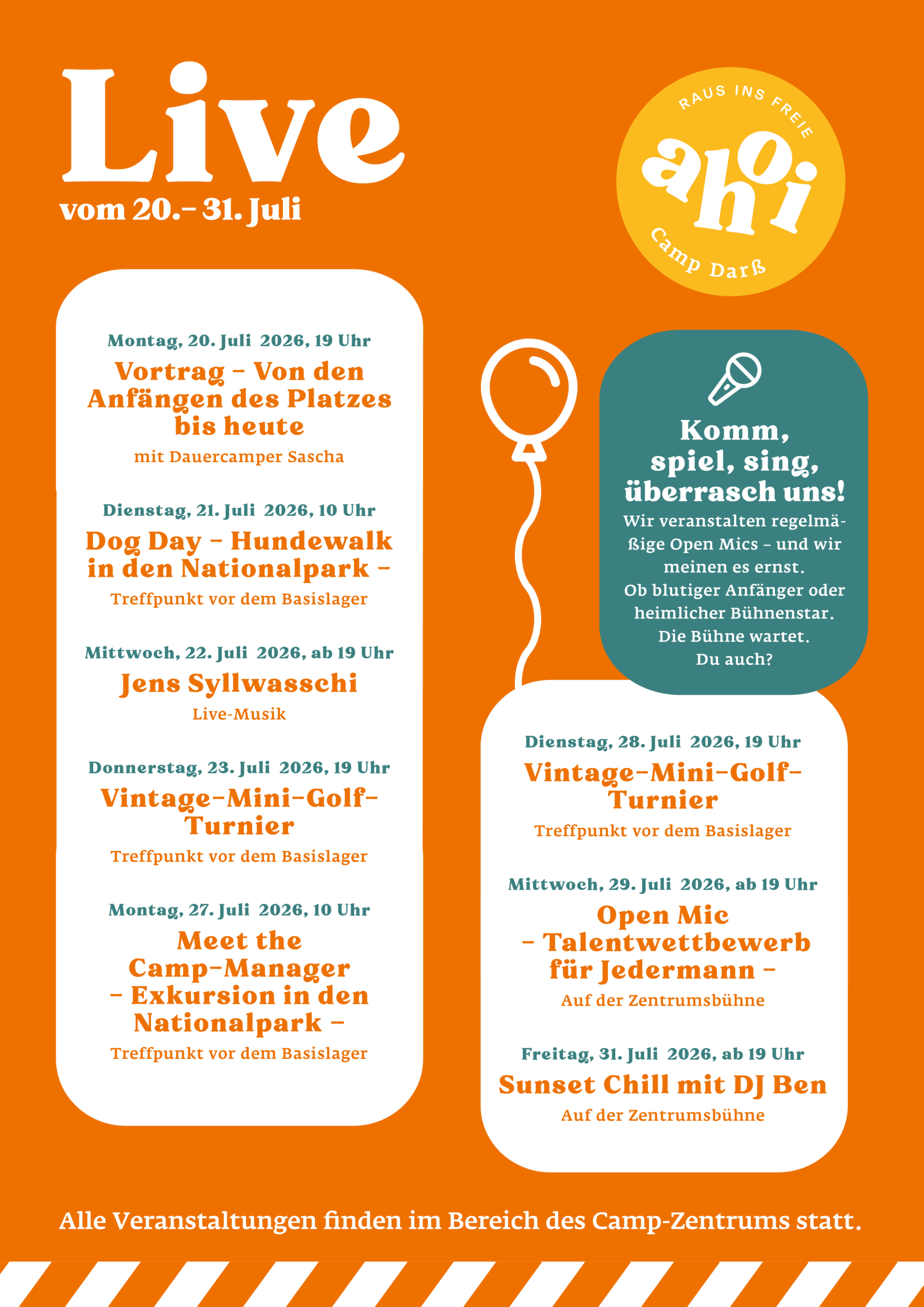 Veranstaltungsplakat für „Live at Oahi Camp Darß“ mit einer Übersicht über die Aktivitäten und Termine vom 20. bis 31. Juli.