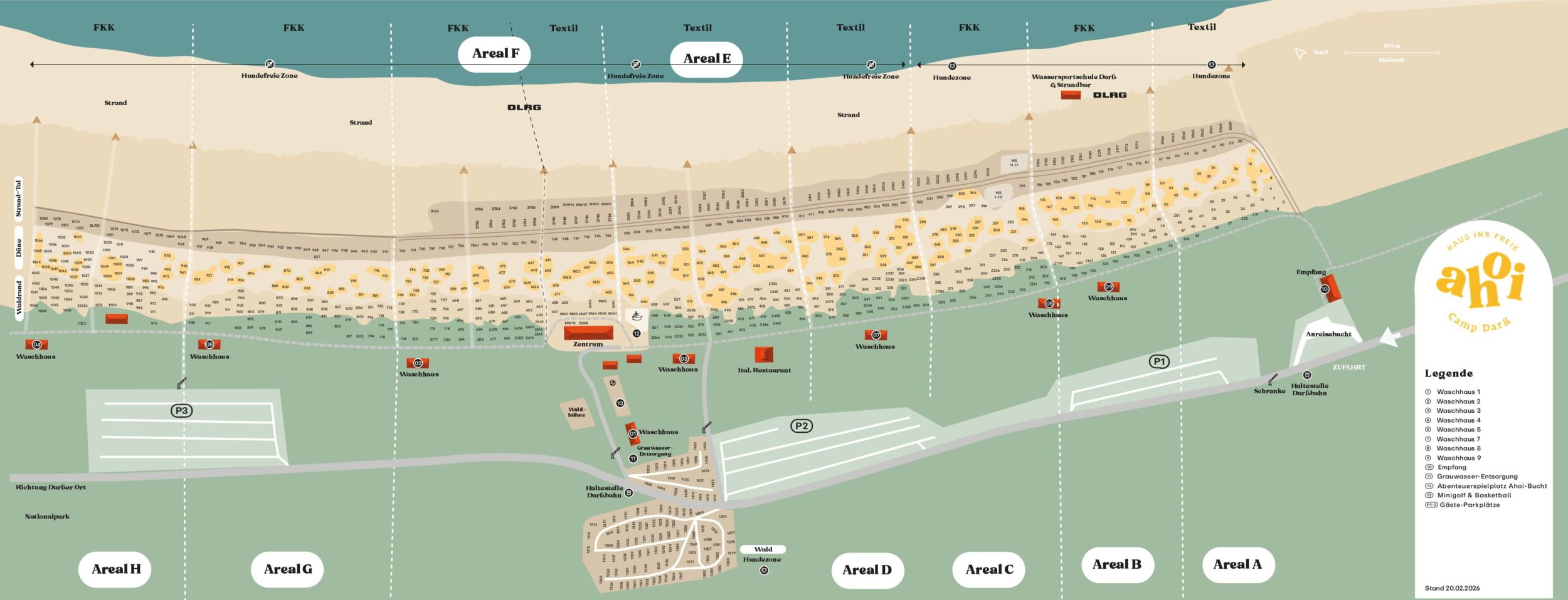 Karte eines in Abschnitte unterteilten Strandgebiets mit Wegen, Parkplätzen und verschiedenen beschrifteten Einrichtungen.